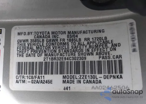 2004 Toyota Corolla Le from USA, damaged, VIN 2T1BR32E94C302309